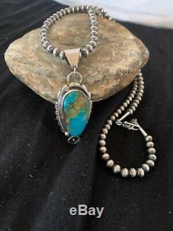 Navajo Pearls Sterling Silver Blue Kingman Turquoise Necklace Pendant 4691 Gift