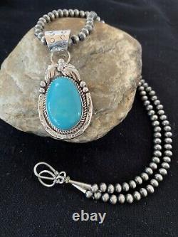 Navajo Pearls Sterling Silver Blue Kingman Turquoise Necklace Pendant Gift 642