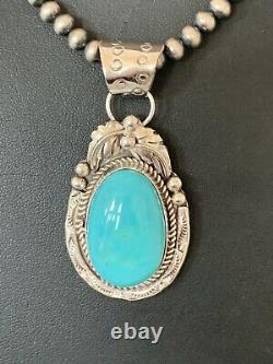 Navajo Pearls Sterling Silver Blue Kingman Turquoise Necklace Pendant Gift 642
