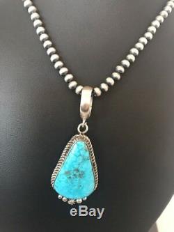 Navajo Pearls Sterling Silver Morenci Turquoise Necklace Pendant Signed Gift49