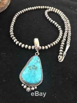 Navajo Pearls Sterling Silver Morenci Turquoise Necklace Pendant Signed Gift49