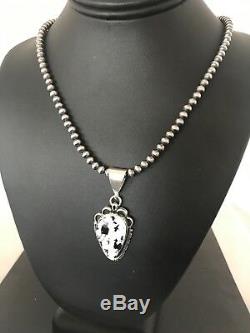 Navajo Pearls Sterling Silver White Buffalo Turquoise Necklace Pendant Gift 1334