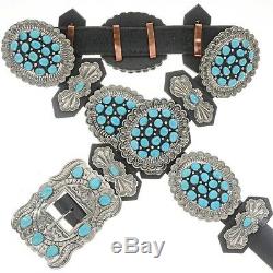 Navajo Stamped Silver CONCHO BELT Sleeping Beauty Turquoise Cluster GIFT
