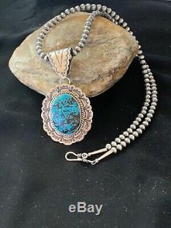 Navajo Sterling Silver Blue Spiderweb TURQUOISE Necklace Pendant Set 3064 Gift