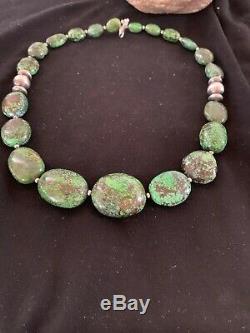 Navajo Sterling Silver Graduated Green Nugget Turquoise Necklace Gift 21 in 2720