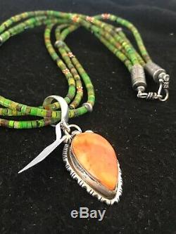Navajo Sterling Silver Green Turquoise Spiny Oyster Necklace Pendant Gift 3431