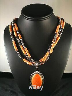 Navajo Sterling Silver Orange Spiny Oyster Necklace Pendant Yazzie Gift 8682