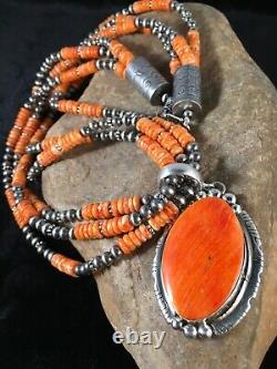 Navajo Sterling Silver Orange Spiny Oyster Necklace Pendant Yazzie Gift 8682
