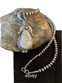Navajo Sterling Silver White Buffalo Turquoise Necklace Pendant Set Gift 01352