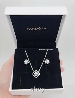 New 100% PANDORA 925 Sparkling Rose Petals Necklace, Stud Earrings, Gift Set