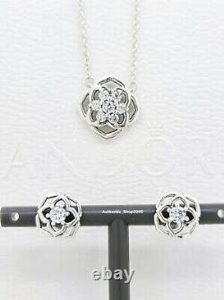 New 100% PANDORA 925 Sparkling Rose Petals Necklace, Stud Earrings, Gift Set