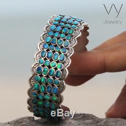 New 925 Sterling Silver Cuff Blue Opal Women Bracelet Bangle Gift Jewelry
