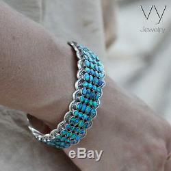 New 925 Sterling Silver Cuff Blue Opal Women Bracelet Bangle Gift Jewelry