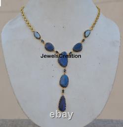 Opal Gemstone Necklace Blue Sapphire Solid 925 Silver Gold Plated Jewelry Gift