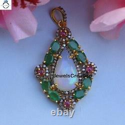 Opal Gemstone Pendant Emerald & Ruby 925 Silver Jewelry Gift For Christmas