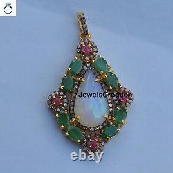 Opal Gemstone Pendant Emerald & Ruby 925 Silver Jewelry Gift For Christmas