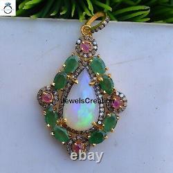 Opal Gemstone Pendant Emerald & Ruby 925 Silver Jewelry Gift For Christmas