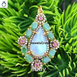 Opal Gemstone Pendant Emerald & Ruby 925 Silver Jewelry Gift For Christmas