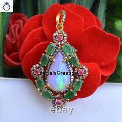 Opal Gemstone Pendant Emerald & Ruby 925 Silver Jewelry Gift For Christmas