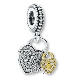 PANDORA Gift Charm Set Two Tone Silver 14K Gold Heart Flower Authentic with Box