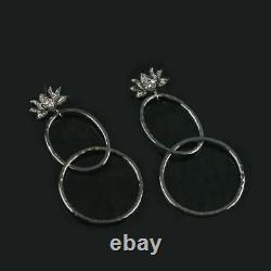 Pave Diamond Lotus Design Earring 925 Sterling Silver Vintage Jewelry Gift