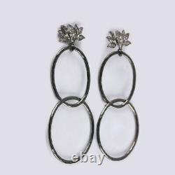 Pave Diamond Lotus Design Earring 925 Sterling Silver Vintage Jewelry Gift