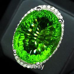 Peridot Green Concave Oval Ring 38.3Ct. 925 Sterling Silver Size 7 Gift Jewelry