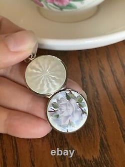 Periwinkle Blue ROSE Floral Guilloche ENAMEL Sterling Silver LOCKET Antique Gift