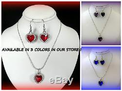 Red Crystal Heart Charm Silver Necklace And Earrings Sethappy Birthday Gift
