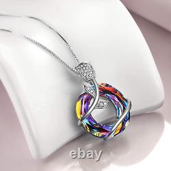 Rose Flower Necklace Sterling Silver Volcano Crystal Circle Pendant Jewelry Gift