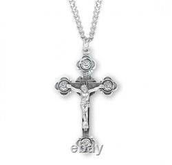 Rosebud Style Sterling Silver Crucifix, US Made, Gift Boxed, 2.1, 24 Chain