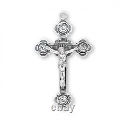 Rosebud Style Sterling Silver Crucifix, US Made, Gift Boxed, 2.1, 24 Chain