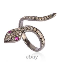 Ruby Eye Sterling Silver Snake Ring Natural Pave Diamond Cuff Jewelry For Gift's