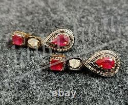 Ruby Gemstone Earring 925 Silver Real Polki Diamond Earring Antique Gift Jewelry