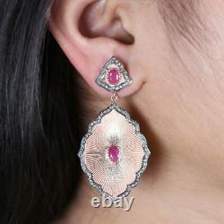 Ruby Pave Diamond Dangle Drop Enamel Earring 925 Sterling Silver Jewelry Gift
