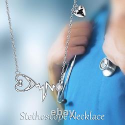 S925 Sterling Silver Stethoscope Heartbeat Pendant Necklace Jewelry Gifts for Gr