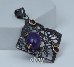 SQUARE Pendant Cabochon Oval Amethyst 925 Sterling Silver Oxidized Jewelry Gift