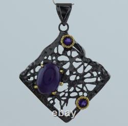 SQUARE Pendant Cabochon Oval Amethyst 925 Sterling Silver Oxidized Jewelry Gift