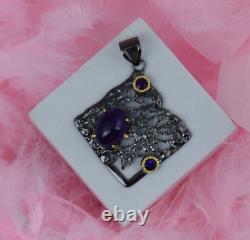 SQUARE Pendant Cabochon Oval Amethyst 925 Sterling Silver Oxidized Jewelry Gift