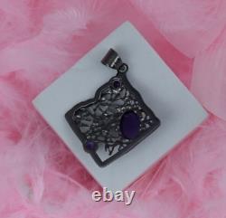 SQUARE Pendant Cabochon Oval Amethyst 925 Sterling Silver Oxidized Jewelry Gift