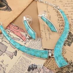 Santa Fe Style 925 Silver Natural Turquoise Earrings Necklace Jewelry Set Gift