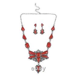 Santa Fe Style 925 Silver Red Coral Dragonfly Dangle Drop Earrings Necklace Set