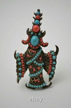 Siam dancer pin brooch Asian lady turquoise coral jewelry Vintage Gift 1960s