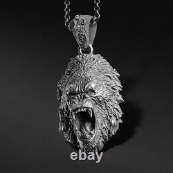 Silver Gorilla Pendant Mens Ape Necklace Sterling Gorilla Head Jewelry Gift Him