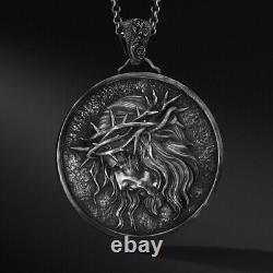Silver Jesus Christ Pendant Mens Crown of Thorns Necklace Sterling Jewelry Gift
