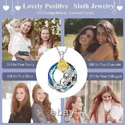 Sloth Sunflower Necklace Blue Crystal Sterling Silver Jewelry Gifts For Women