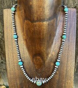 Southwestern Sterling Silver Turquoise 4mm Pearls Bead Necklace. 24 Inch. Gift