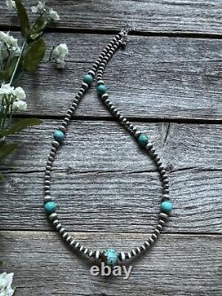 Southwestern Sterling Silver Turquoise 4mm Pearls Bead Necklace. 24 Inch. Gift