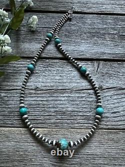 Southwestern Sterling Silver Turquoise 4mm Pearls Bead Necklace. 24 Inch. Gift