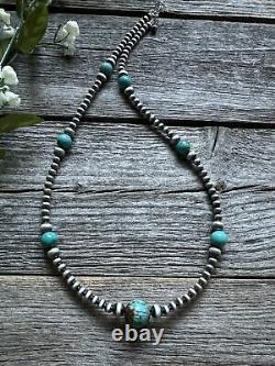 Southwestern Sterling Silver Turquoise 4mm Pearls Bead Necklace. 24 Inch. Gift